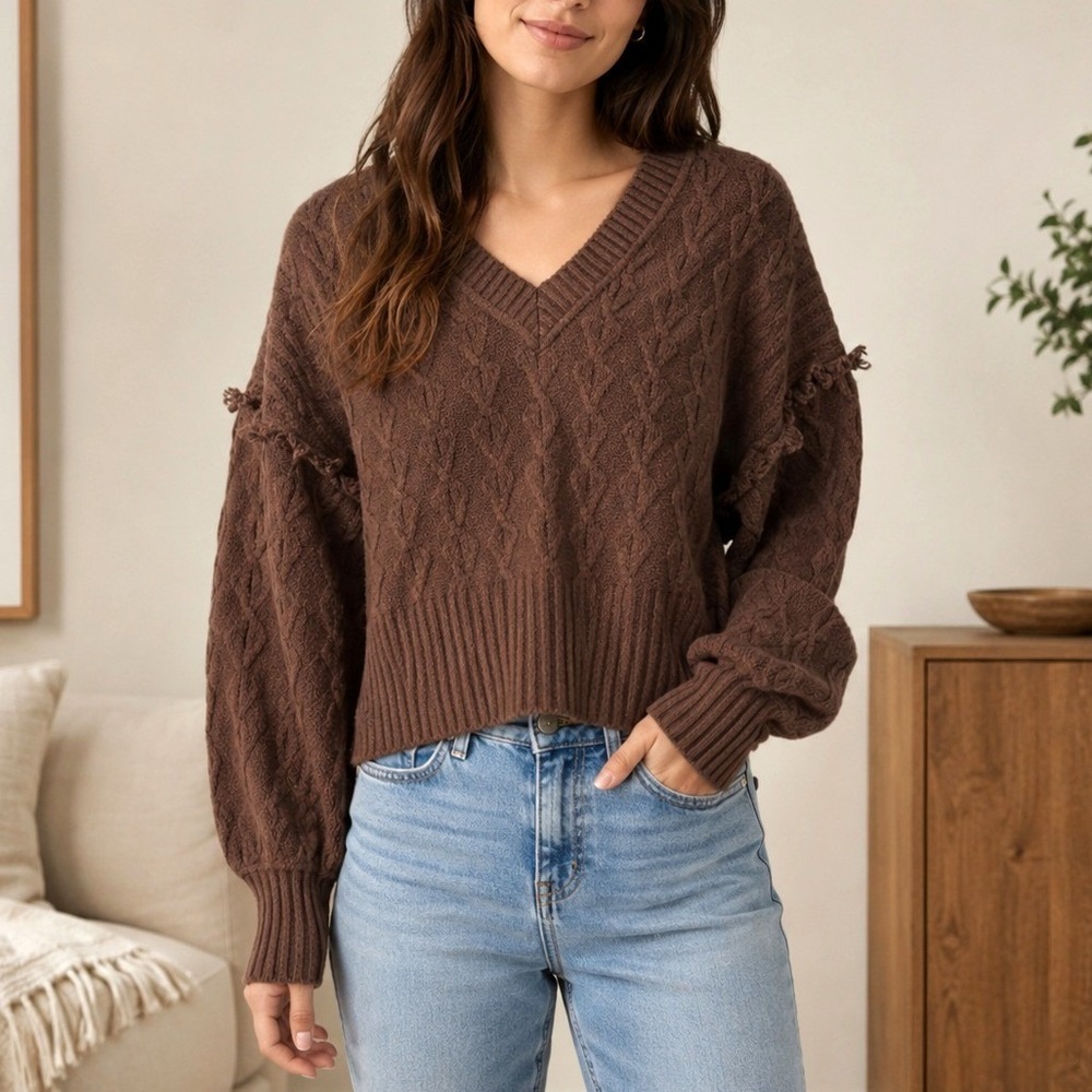 Pilcro Anthropologie Cable Knit Sweater Brown Fringe V-neck Drop Shoulder S Boho